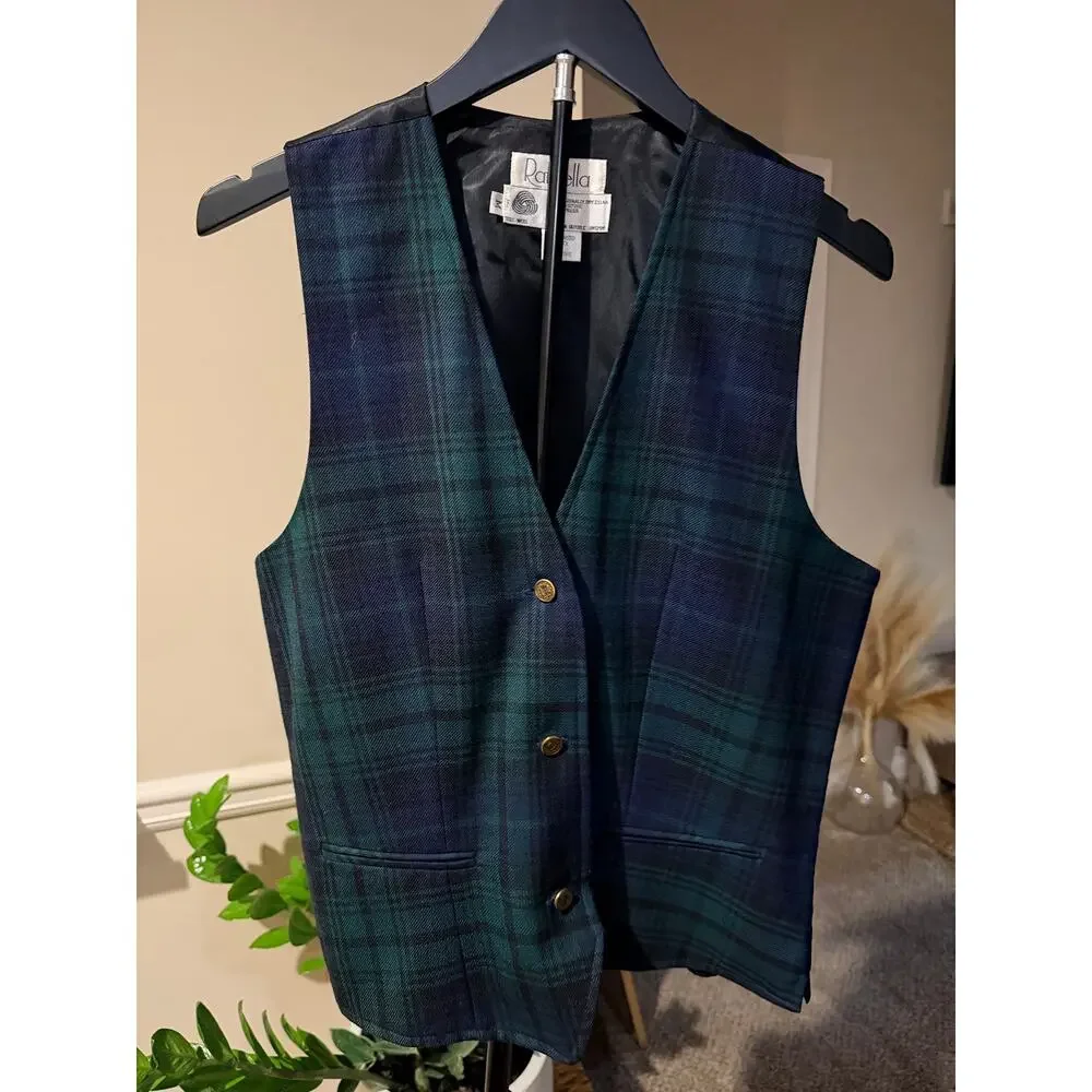 Rafaella Wool Green Plaid Vest Women EUC M